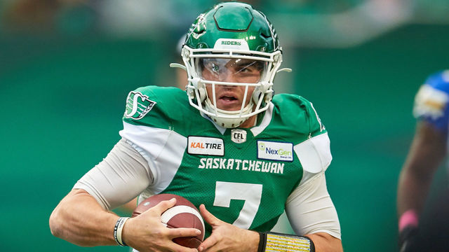 REGINA, SK - OCTOBER 05: Cody Fajardo #7 of the Saskatchewan Roughriders runs with the ball in the game between the Winnipeg Blue Bombers and Saskatchewan Roughriders at Mosaic Stadium on October 5, 2019 in Regina, Canada.