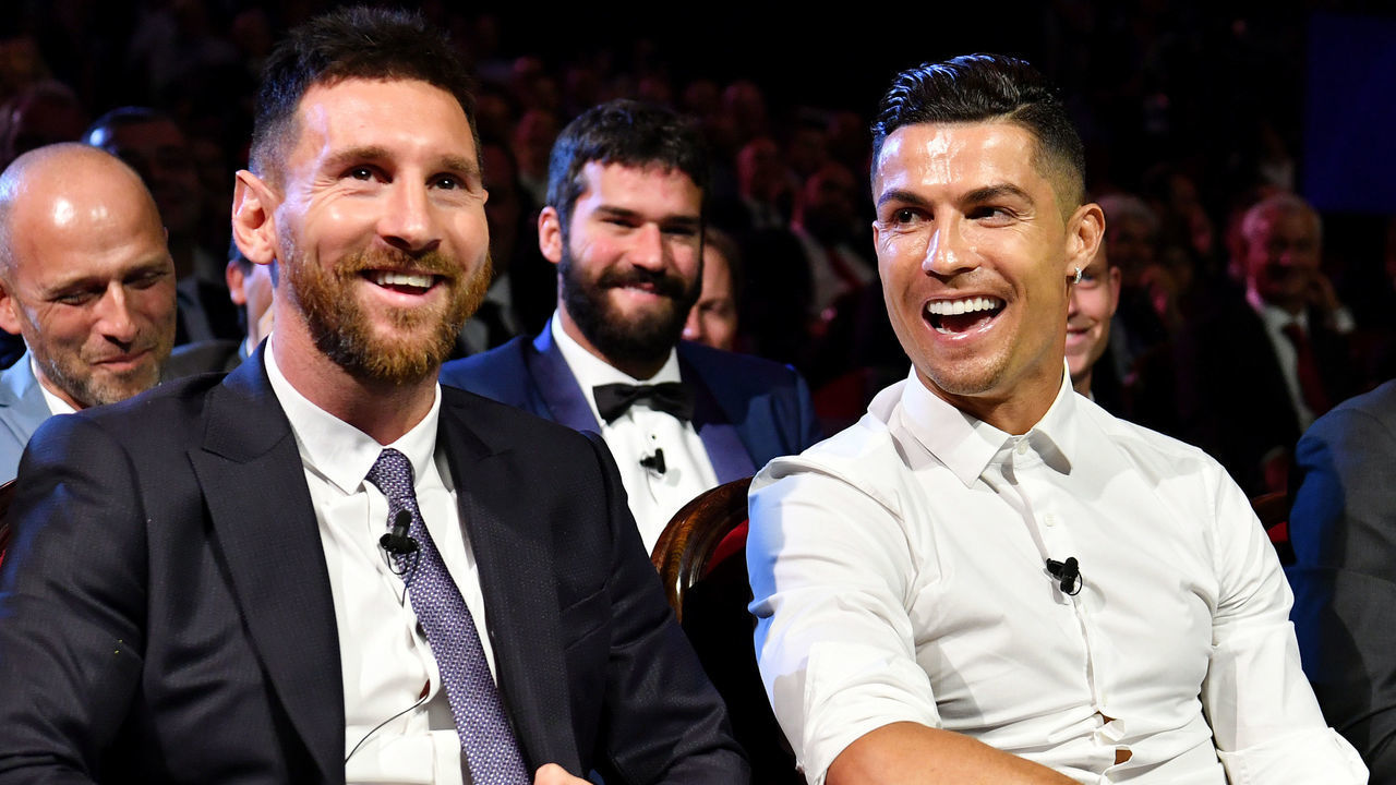 MONACO, MONACO - AUGUST 29: Cristiano Ronaldo of Juventus, Lionel Messi of FC Barcelona and Virgil Van Dijk of Liverpool react during the UEFA Champions League Draw, part of the UEFA European Club Football Season Kick-Off 2019/2020 at Salle des Princes, Grimaldi Forum on August 29, 2019 in Monaco, Monaco.