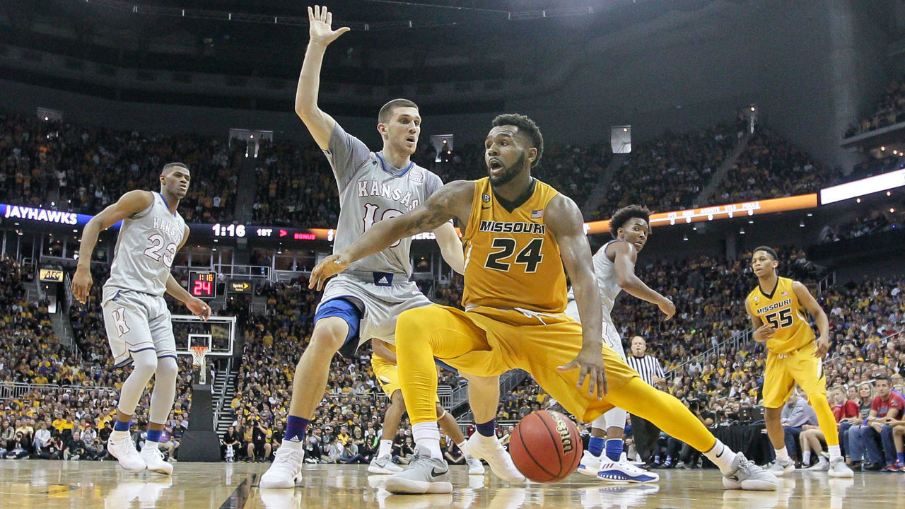 KANSAS CITY, MO - OCTOBER 22: Missouri Tigers forward Kevin Puryear (24) during the preseason Showdown for Relief college basketball game between the Missouri Tigers and the Kansas Jayhawks on October 22, 2017 at Sprint Center in Kansas City, Missouri.