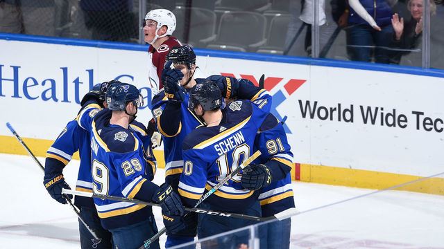 ST. LOUIS, MO - OCTOBER 21: Vladimir Tarasenko #91 of the St. Louis Blues is congratulated by teammates after scoring a goal against the Colorado Avalanche at Enterprise Center on October 21, 2019 in St. Louis, Missouri.