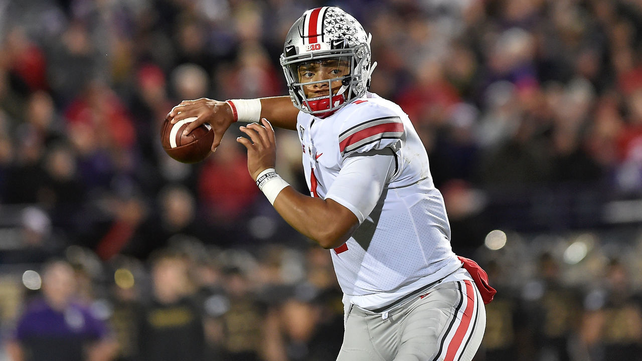 EVANSTON, ILLINOIS - OCTOBER 18: Justin Fields #1 of the Ohio State Buckeyes looks to pass the football against the Northwestern Wildcats at Ryan Field on October 18, 2019 in Evanston, Illinois.