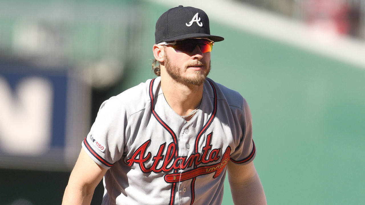 WASHINGTON, DC - SEPTEMBER 14: Josh Donaldson #20 of the Atlanta Braves looks on during a baseball game against the Washington Nationals at Nationals Park on September 14, 2019 in Washington, DC.