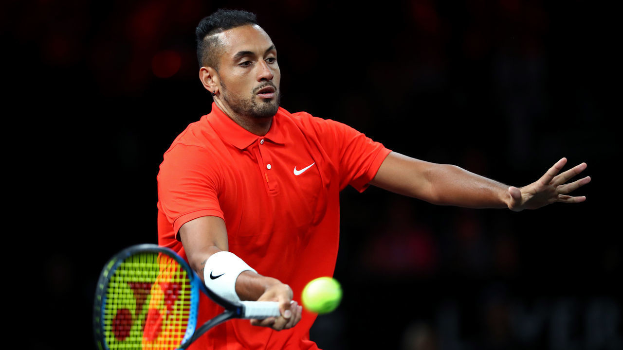 GENEVA, SWITZERLAND - SEPTEMBER 21: Nick Kyrgios of Team World plays a forehand in his singles match against Roger Federer of Team Europe during Day Two of the Laver Cup 2019 at Palexpo on September 21, 2019 in Geneva, Switzerland. The Laver Cup will see six players from the rest of the World competing against their counterparts from Europe. Team World is captained by John McEnroe and Team Europe is captained by Bjorn Borg. The tournament runs from September 20-22.