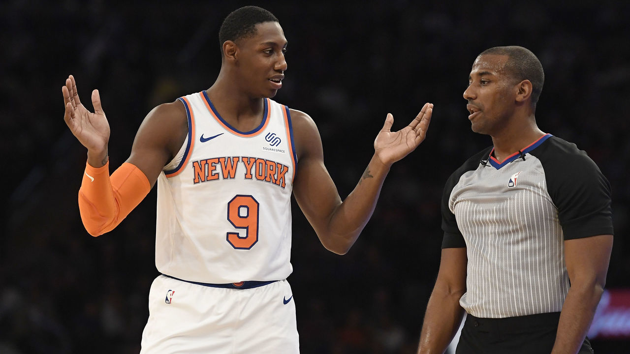 NEW YORK, NEW YORK - OCTOBER 16: RJ Barrett #9 of the New York Knicks talks with the referee during the second quarter of the preseason game against the Atlanta Hawks at Madison Square Garden on October 16, 2019 in New York City. Mandatory Copyright Notice: Copyright 2019 NBAE