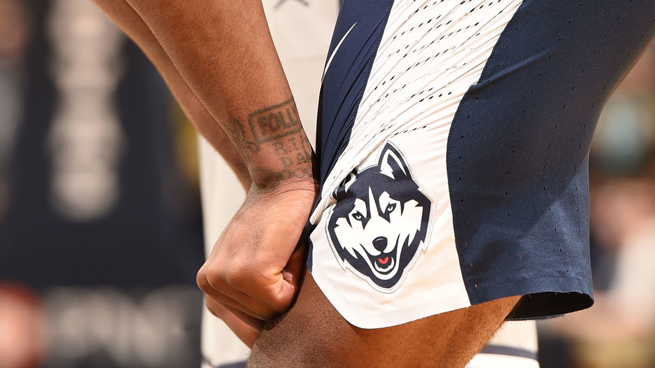 WASHINGTON, DC - JANUARY 14: The Connecticut Huskies logo on shorts during a college basketball game against the Georgetown Hoyas at the Verizon Center on January 14, 2017 in Washington, DC. The Hoyas won 72-69. *** Local Caption ***