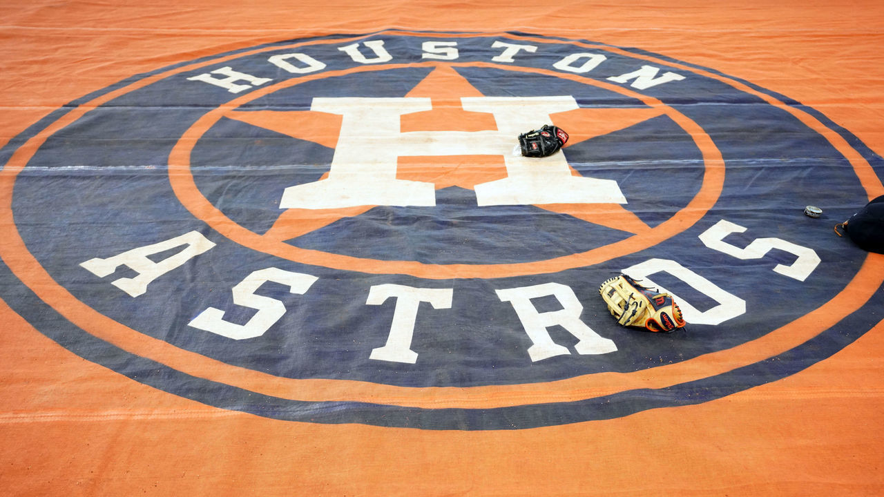 HOUSTON, TX - OCTOBER 05: A detail shot of the Houston Astros logo on the tarp on the field during batting practice prior to Game 2 of the ALDS between the Tampa Bay Rays and the Houston Astros at Minute Maid Park on Saturday, October 5, 2019 in Houston, Texas.