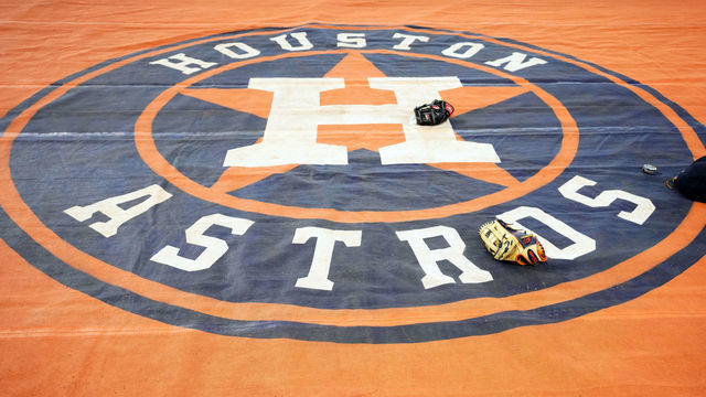 HOUSTON, TX - OCTOBER 05: A detail shot of the Houston Astros logo on the tarp on the field during batting practice prior to Game 2 of the ALDS between the Tampa Bay Rays and the Houston Astros at Minute Maid Park on Saturday, October 5, 2019 in Houston, Texas.
