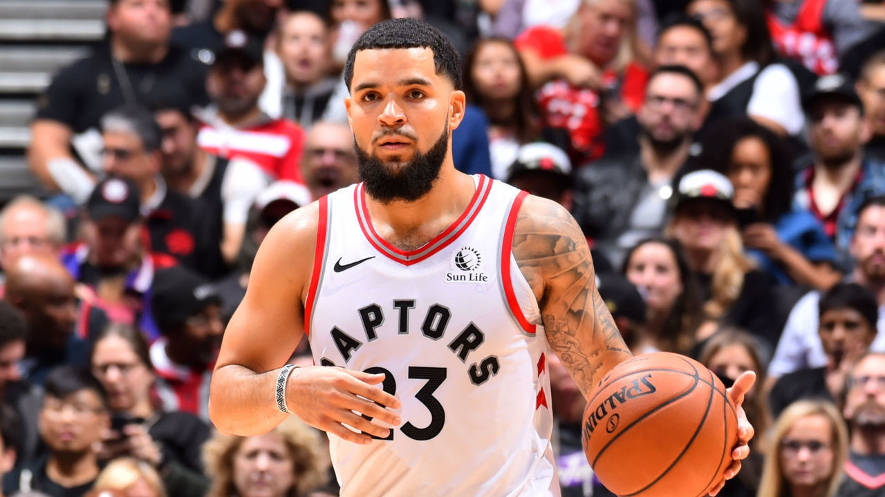 TORONTO, CANADA - OCTOBER 22: Fred VanVleet #23 of the Toronto Raptors handles the ball against the New Orleans Pelicans on October 22, 2019 at the Scotiabank Arena in Toronto, Ontario, Canada. Mandatory Copyright Notice: Copyright 2019 NBAE