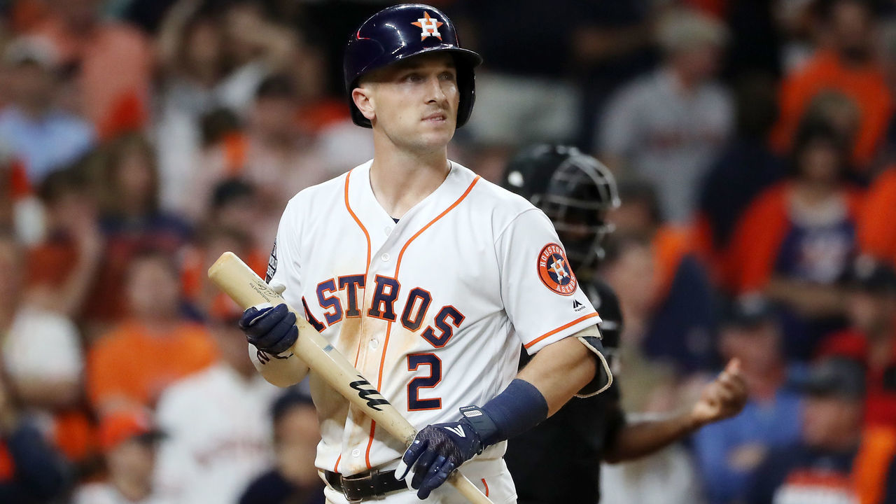 HOUSTON, TEXAS - OCTOBER 22: Alex Bregman #2 of the Houston Astros reacts after striking out against the Washington Nationals during the ninth inning in Game One of the 2019 World Series at Minute Maid Park on October 22, 2019 in Houston, Texas.