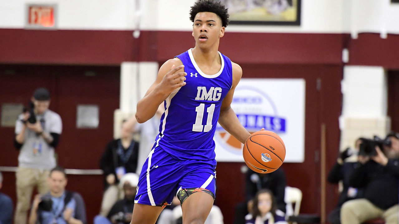 MIDDLE VILLAGE, NEW YORK - APRIL 06: Jaden Springer #11 of IMG Academy handles the ball on offense against La Lumiere in the championship game of the GEICO High School National Tournament at Christ the King High School on April 06, 2019 in Middle Village, New York.