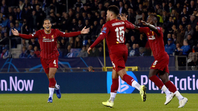 GENK, BELGIUM - OCTOBER 23: ( THE SUN OUT,THE SUN ON SUNDAY OUT) Alex Oxlade-Chamberlain of Liverpool scores the second goal and celebrates during the UEFA Champions League group E match between KRC Genk and Liverpool FC at Luminus Arena on October 23, 2019 in Genk, Belgium.