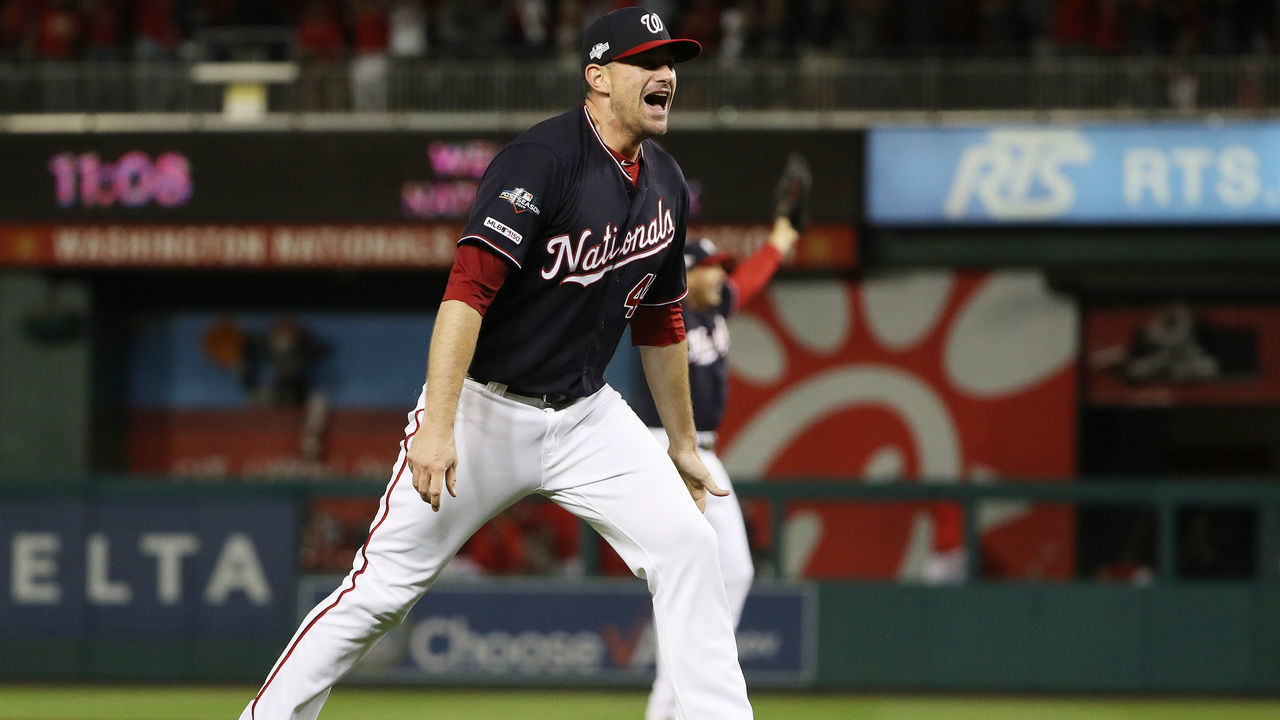 WASHINGTON, DC - OCTOBER 15: Daniel Hudson #44 of the Washington Nationals celebrates winning game four and the National League Championship Series against the St. Louis Cardinals at Nationals Park on October 15, 2019 in Washington, DC.