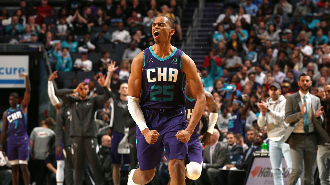 CHARLOTTE, NC - OCTOBER 23: PJ Washington #25 of the Charlotte Hornets shows emotion during the game against the Chicago Bulls on October 23, 2019 at Spectrum Center in Charlotte, North Carolina. Mandatory Copyright Notice: Copyright 2019 NBAE