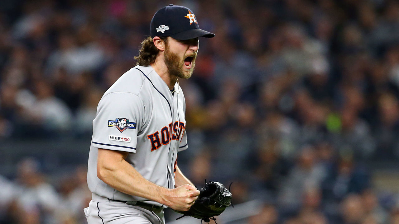 NEW YORK, NEW YORK - OCTOBER 15: Gerrit Cole #45 of the Houston Astros celebrates retiring the side during the sixth inning against the New York Yankees in game three of the American League Championship Series at Yankee Stadium on October 15, 2019 in New York City.