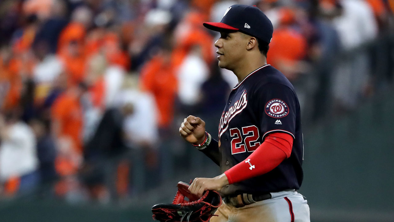 HOUSTON, TEXAS - OCTOBER 22: Juan Soto #22 of the Washington Nationals celebrates his teams 5-4 win over the Houston Astros in Game One of the 2019 World Series at Minute Maid Park on October 22, 2019 in Houston, Texas.