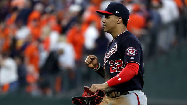 HOUSTON, TEXAS - OCTOBER 22: Juan Soto #22 of the Washington Nationals celebrates his teams 5-4 win over the Houston Astros in Game One of the 2019 World Series at Minute Maid Park on October 22, 2019 in Houston, Texas.