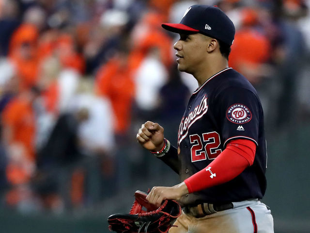 HOUSTON, TEXAS - OCTOBER 22: Juan Soto #22 of the Washington Nationals celebrates his teams 5-4 win over the Houston Astros in Game One of the 2019 World Series at Minute Maid Park on October 22, 2019 in Houston, Texas.
