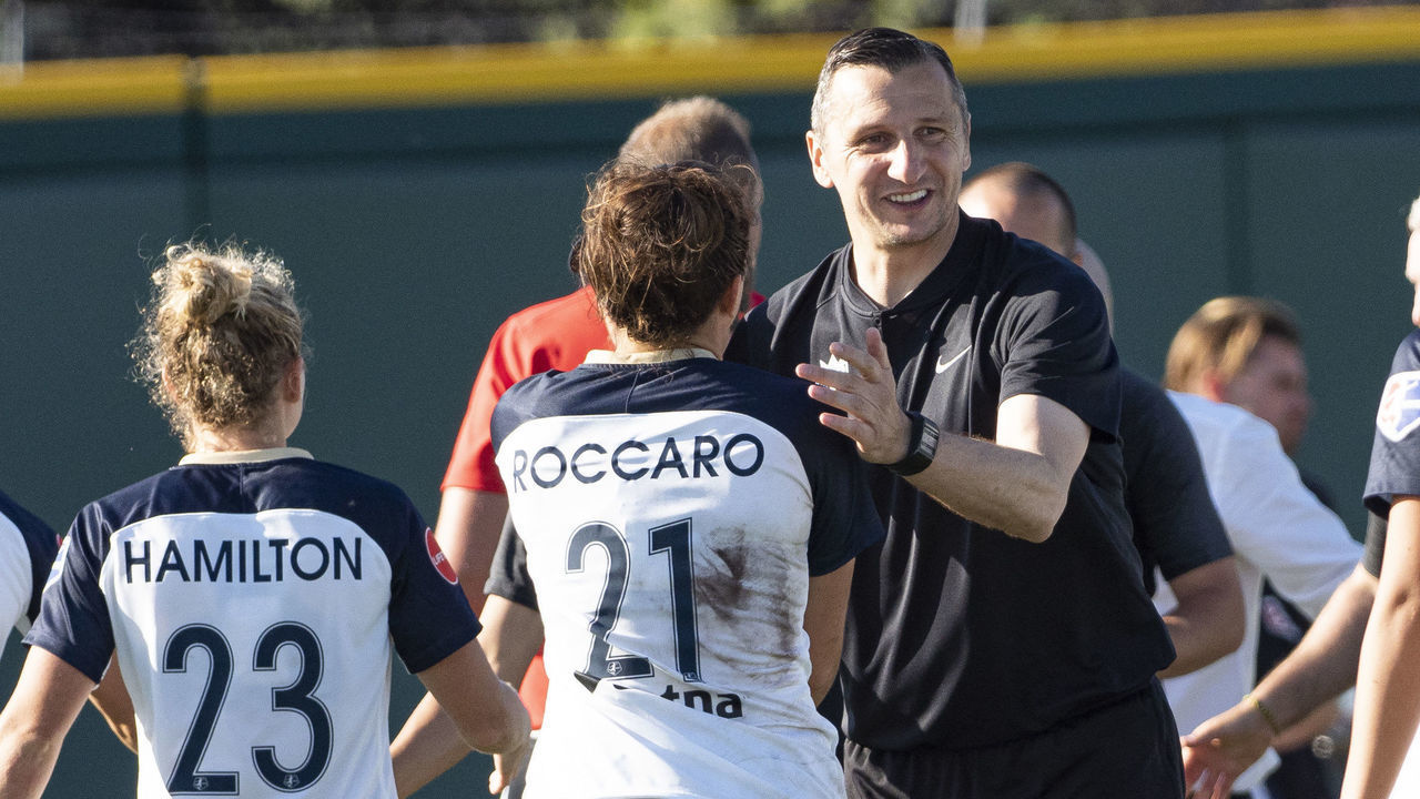 TACOMA, WA - MAY 27: Seattle Reign FC head coach Vlatko Andonovski reacts after the NWSL soccer match between the North Carolina Courage and the Seattle Reign on May 27, 2019 at Cheney Stadium in Tacoma, WA.