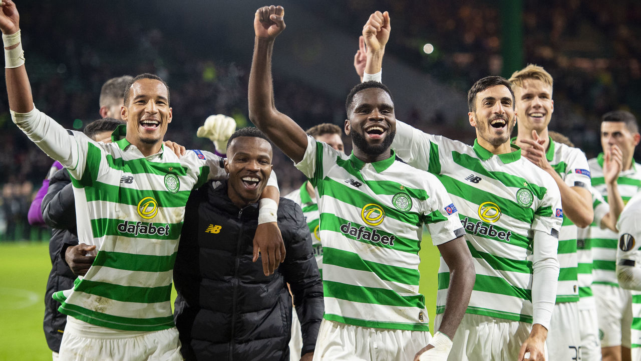 GLASGOW, SCOTLAND - OCTOBER 24: Celtic's Christopher Jullien, Odsonne Edouard and Hatem Abd Elhamed at full time during the UEFA Europe League group stage match between Celtic and Lazio, at Celtic Park, on October 24, 2019, in Glasgow, Scotland.