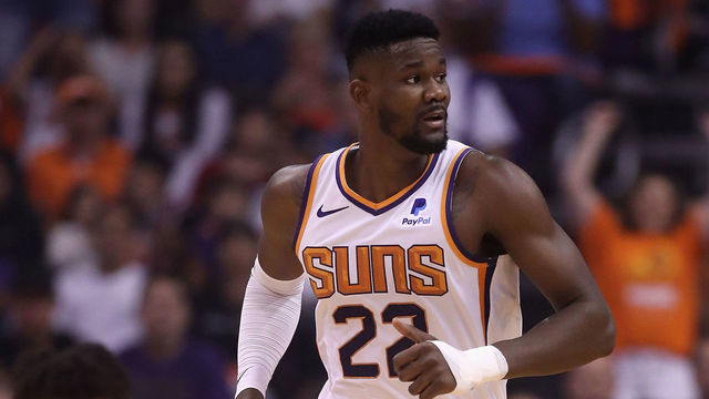 PHOENIX, ARIZONA - OCTOBER 23: Deandre Ayton #22 and Kelly Oubre Jr. #3 of the Phoenix Suns during the first half of the NBA game against the Sacramento Kings at Talking Stick Resort Arena on October 23, 2019 in Phoenix, Arizona. NOTE TO USER: User expressly acknowledges and agrees that, by downloading and/or using this photograph, user is consenting to the terms and conditions of the Getty Images License Agreement
