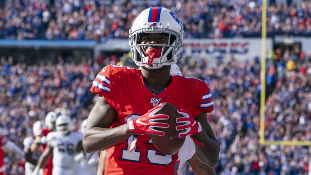 ORCHARD PARK, NY - OCTOBER 20: Buffalo Bills Wide Reciever John Brown (15) runs the ball into the end zone after making a catch for a touchdown during the second half of the National Football League game between the Miami Dolphins and the Buffalo Bills on October 20, 2019, at New Era Field in Orchard Park, NY.