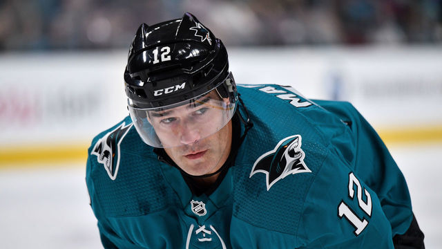 SAN JOSE, CA - OCTOBER 13: Patrick Marleau #12 of the San Jose Sharks prepares for a faceoff against the Calgary Flames at SAP Center on October 13, 2019 in San Jose, California.