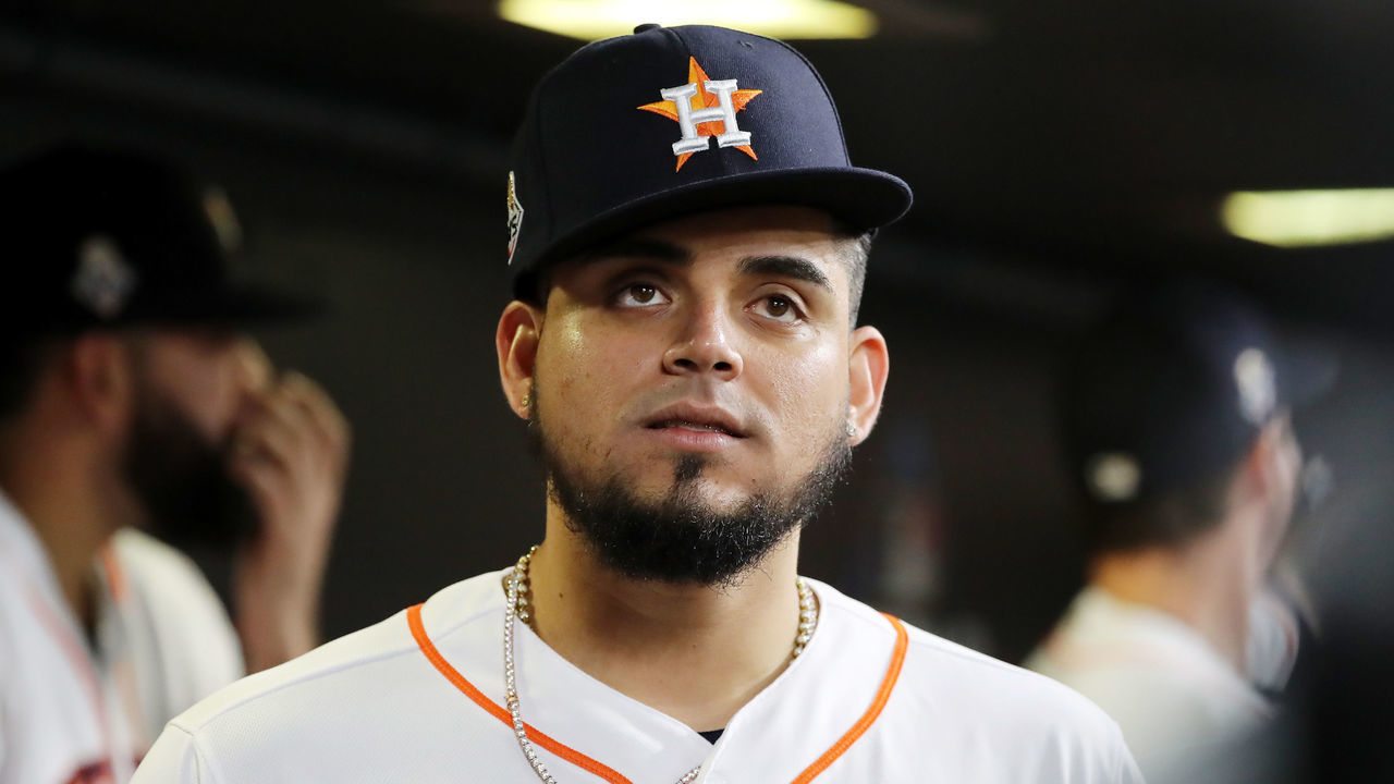 HOUSTON, TEXAS - OCTOBER 22: Roberto Osuna #54 of the Houston Astros looks on from the dugout prior to Game One of the 2019 World Series against the Washington Nationals at Minute Maid Park on October 22, 2019 in Houston, Texas.