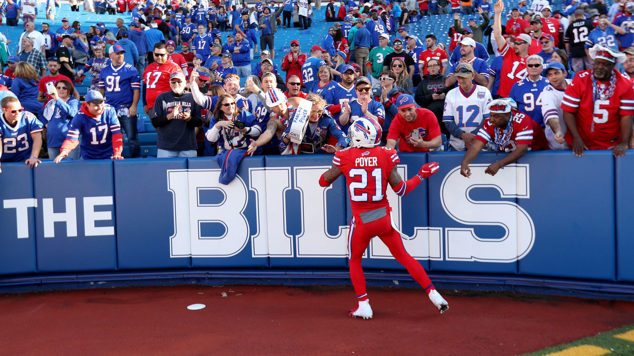 ORCHARD PARK, NY - OCTOBER 20: Jordan Poyer #21 of the Buffalo Bills shakes hands with fans after an NFL game against the Miami Dolphins at New Era Field on October 20, 2019 in Orchard Park, New York.