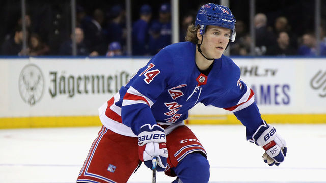 NEW YORK, NEW YORK - SEPTEMBER 26: Vitali Kravtsov #74 of the New York Rangers skates against the Philadelphia Flyers during a preseason game at Madison Square Garden on September 26, 2019 in New York City. The Rangers defeated the Flyers 2-1 in the shoot-out.
