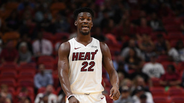 MIAMI, FLORIDA - OCTOBER 08: Jimmy Butler #22 of the Miami Heat in action against the San Antonio Spurs during the first half of the preseason game at American Airlines Arena on October 08, 2019 in Miami, Florida.