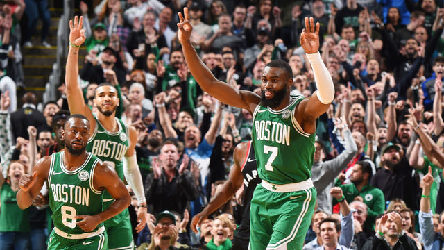 BOSTON, MA - OCTOBER 25: Jaylen Brown #7 of the Boston Celtics reacts during a game against the Toronto Raptors on October 25, 2019 at the TD Garden in Boston, Massachusetts. Mandatory Copyright Notice: Copyright 2019 NBAE