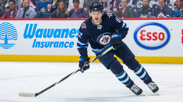 WINNIPEG, MB - OCTOBER 15: Mason Appleton #82 of the Winnipeg Jets keeps an eye on the play during first period action against the Arizona Coyotes at the Bell MTS Place on October 15, 2019 in Winnipeg, Manitoba, Canada. The Coyotes defeated the Jets 4-2.