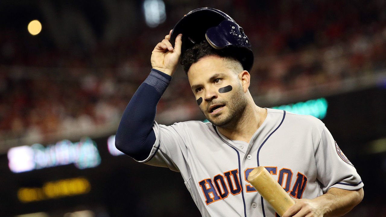 WASHINGTON, DC - OCTOBER 25: Jose Altuve #27 of the Houston Astros celebrates after scoring a run against the Washington Nationals during the third inning in Game Three of the 2019 World Series at Nationals Park on October 25, 2019 in Washington, DC.