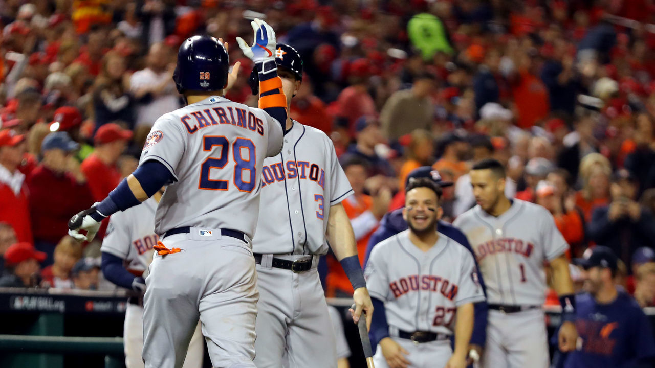 WASHINGTON, DC - OCTOBER 25: Robinson Chirinos #28 of the Houston Astros is greeted by teammates outside the dugout after hitting a solo home run in the sixth inning during Game 3 of the 2019 World Series between the Houston Astros and the Washington Nationals at Nationals Park on Friday, October 25, 2019 in Washington, District of Columbia. (Photo by Alex Trautwig/MLB Photos via Getty Images