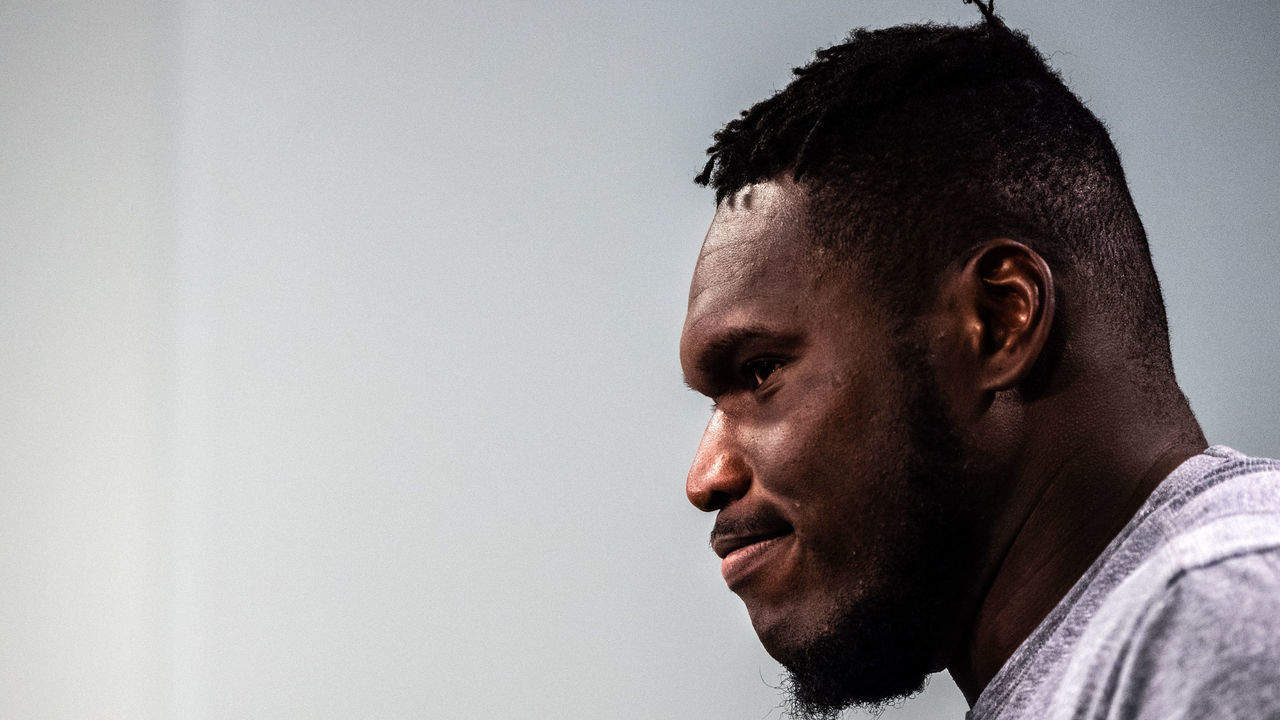 FLORHAM PARK, NJ - JUNE 04: Kelechi Osemele #70 of the New York Jets speaks with the media after mandatory minicamp at The Atlantic Health Jets Training Center on June 4, 2019 in Florham Park, New Jersey.