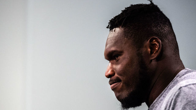 FLORHAM PARK, NJ - JUNE 04: Kelechi Osemele #70 of the New York Jets speaks with the media after mandatory minicamp at The Atlantic Health Jets Training Center on June 4, 2019 in Florham Park, New Jersey.