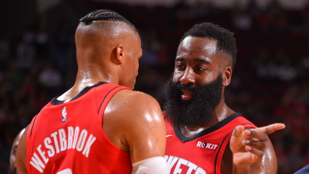 HOUSTON, TX - October 24 : James Harden #13 and Russell Westbrook #0 of the Houston Rockets talk during a game against the Milwaukee Bucks on October 24, 2019 at the Toyota Center in Houston, Texas. Mandatory Copyright Notice: Copyright 2019 NBAE