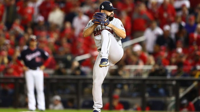 WASHINGTON, DC - OCTOBER 26: Jose Urquidy #65 of the Houston Astros pitches in the first inning during Game 4 of the 2019 World Series between the Houston Astros and the Washington Nationals at Nationals Park on Saturday, October 26, 2019 in Washington, District of Columbia.