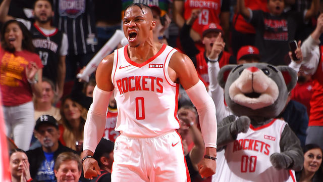 HOUSTON, TX - OCTOBER 26: Russell Westbrook #0 of the Houston Rockets reacts during a game against the New Orleans Pelicans on October 26, 2019 at the Toyota Center in Houston, Texas. Mandatory Copyright Notice: Copyright 2019 NBAE