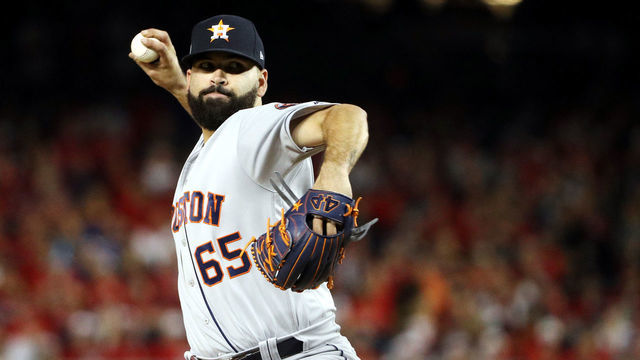 WASHINGTON, DC - OCTOBER 26: Jose Urquidy #65 of the Houston Astros delivers the pitch against the Washington Nationals during the fifth inning in Game Four of the 2019 World Series at Nationals Park on October 26, 2019 in Washington, DC.