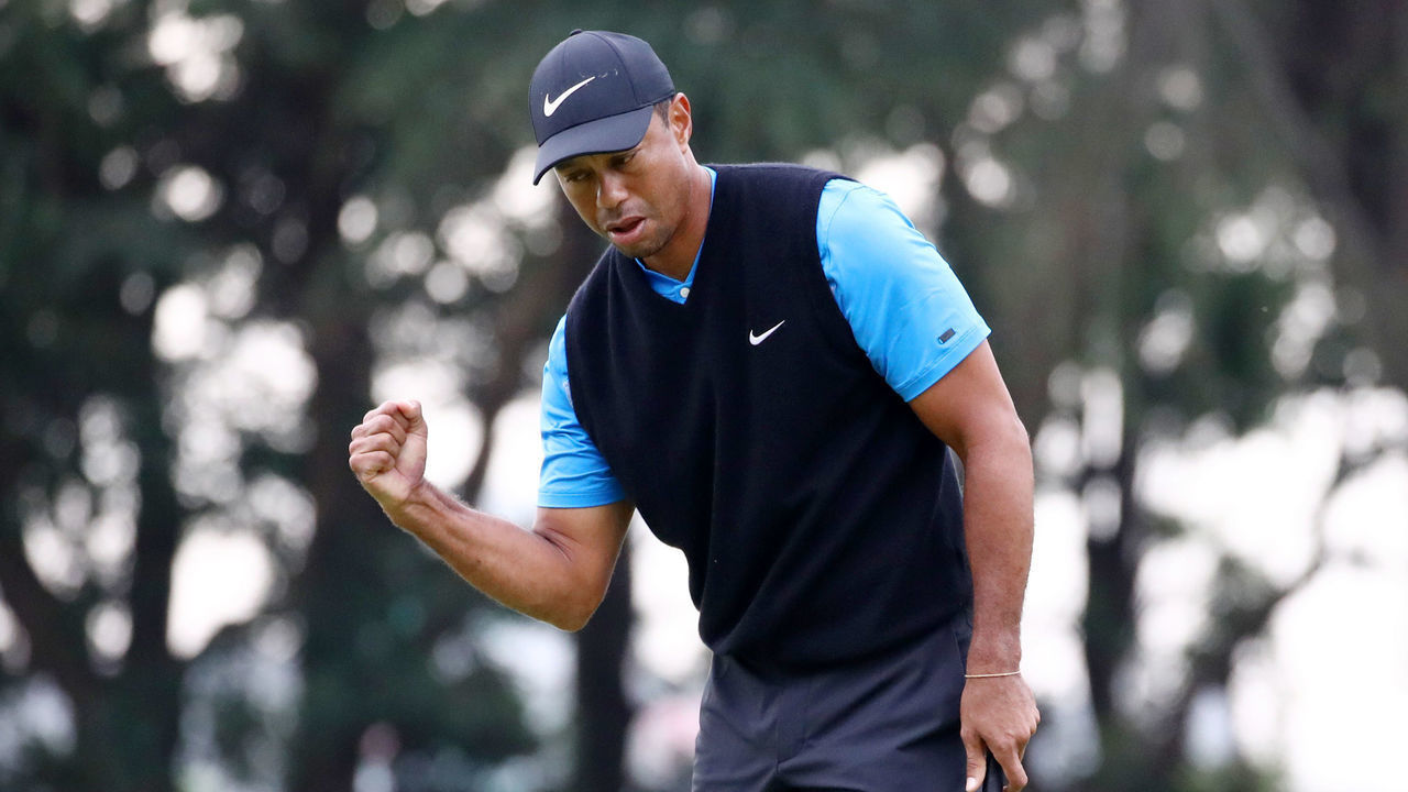 INZAI, JAPAN - OCTOBER 27: Tiger Woods of the United States celebrates the birdie on the 4th green during the third round of the Zozo Championship at Accordia Golf Narashino Country Club on October 27, 2019 in Inzai, Chiba, Japan.