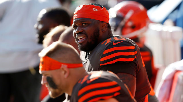 CLEVELAND, OH - OCTOBER 13: Greg Robinson #78 of the Cleveland Browns sits on the bench during the game against the Seattle Seahawks at FirstEnergy Stadium on October 13, 2019 in Cleveland, Ohio. Seattle defeated Cleveland 32-28.