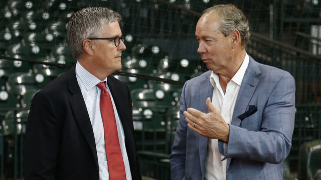 HOUSTON, TX - JUNE 30: Jeff Luhnow, Houston Astros general manager, left, and Jim Crane, Houston Astros majority owner at Minute Maid Park on June 30, 2017 in Houston, Texas.