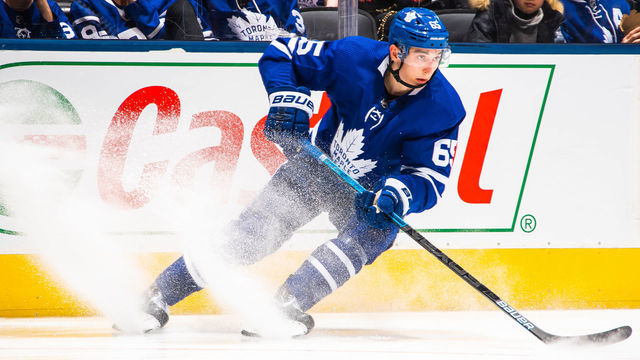 TORONTO, ON - OCTOBER 19: Ilya Mikheyev #65 of the Toronto Maple Leafs skates against the Boston Bruins during the third period at the Scotiabank Arena on October 19, 2019 in Toronto, Ontario, Canada.