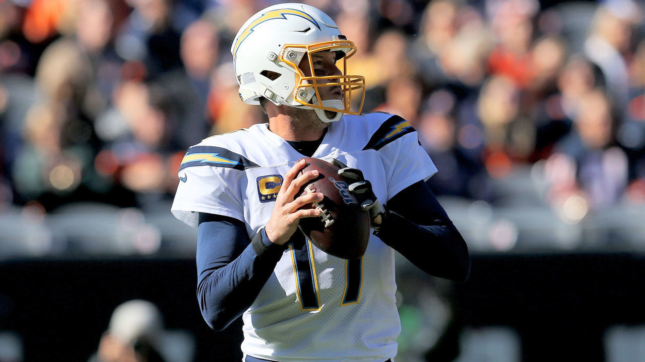 CHICAGO, ILLINOIS - OCTOBER 27: Philip Rivers #17 of the Los Angeles Chargers drops back to pass in the first quarter against the Chicago Bears at Soldier Field on October 27, 2019 in Chicago, Illinois.