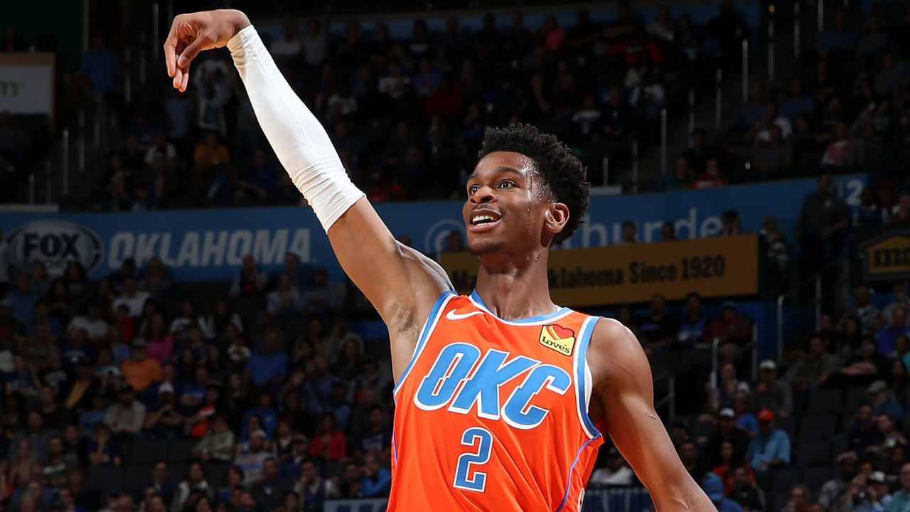 OKLAHOMA CITY, OK - OCTOBER 27: Shai Gilgeous-Alexander #2 of the Oklahoma City Thunder smiles during the game against the Golden State Warriors on October 27, 2019 at Chesapeake Energy Arena in Oklahoma City, Oklahoma. Mandatory Copyright Notice: Copyright 2019 NBAE