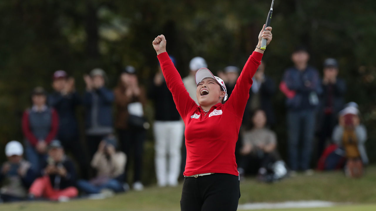 BUSAN, SOUTH KOREA - OCTOBER 27: Ha Na Jang of South Korea celebrates on the 10th hole after winning the final Round of 2019 BMW Ladies Championship at LPGA International Busan on October 27, 2019 in Busan, South Korea.