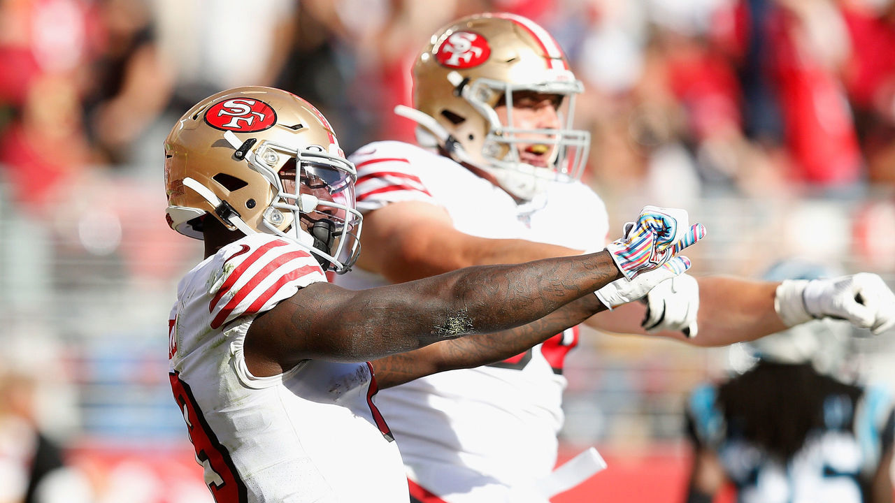 SANTA CLARA, CALIFORNIA - OCTOBER 27: Deebo Samuel #19 of the San Francisco 49ers celerbates after a touchdown in the third quarter against the Carolina Panthers at Levi's Stadium on October 27, 2019 in Santa Clara, California.