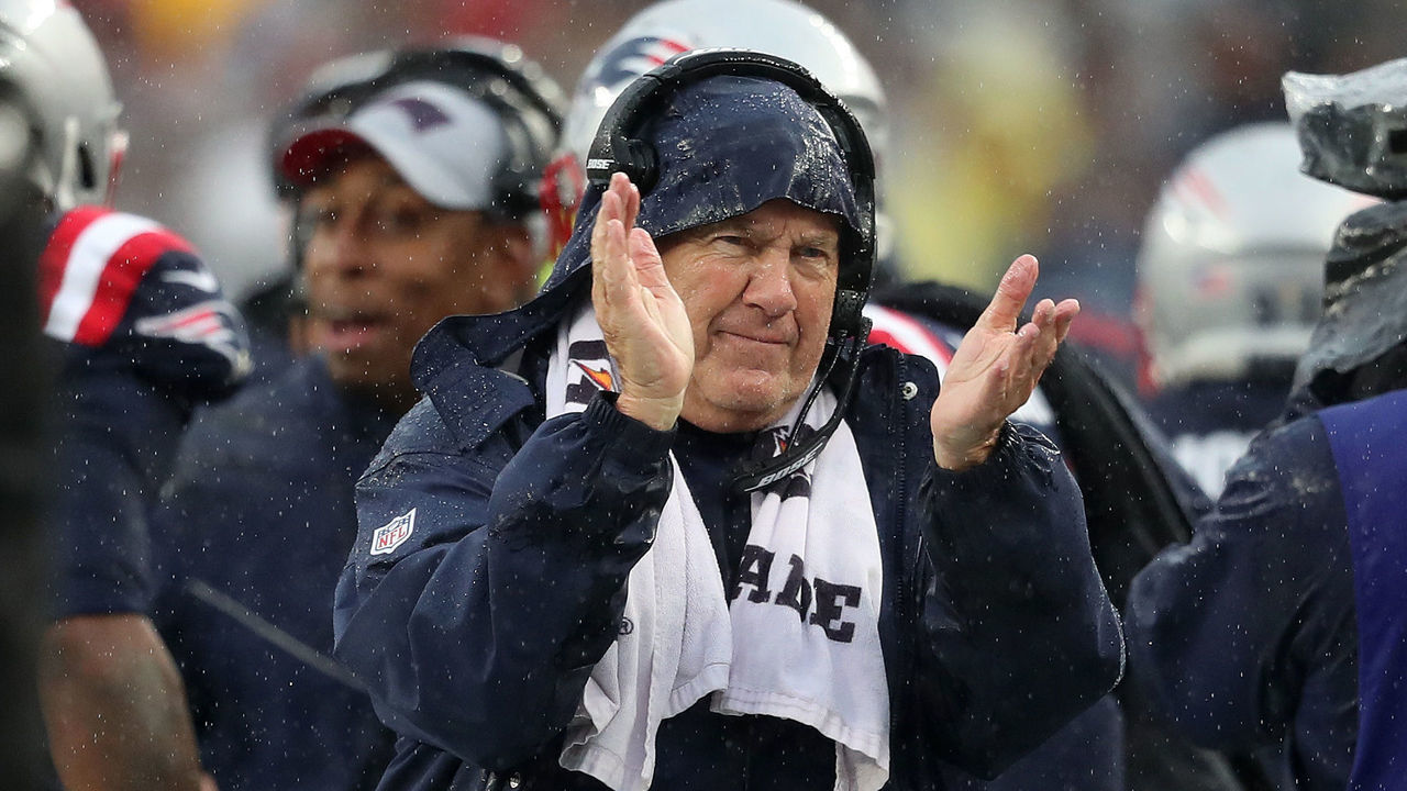 FOXBOROUGH, MA - OCTOBER 27: New England Patriots head coach Bill Belichick reacts after player Dont'a Hightower scored a touchdown during the first quarter. The New England Patriots host the Cleveland Browns in a regular season NFL football game at Gillette Stadium in Foxborough, MA on Oct. 27, 2019.