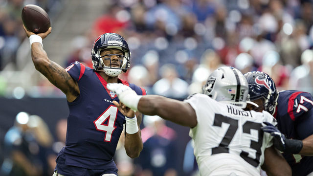 HOUSTON, TX - OCTOBER 27: Deshaun Watson #4 of the Houston Texans throws a pass during a game against the Oakland Raiders at NRG Stadium on October 27, 2019 in Houston, Texas.